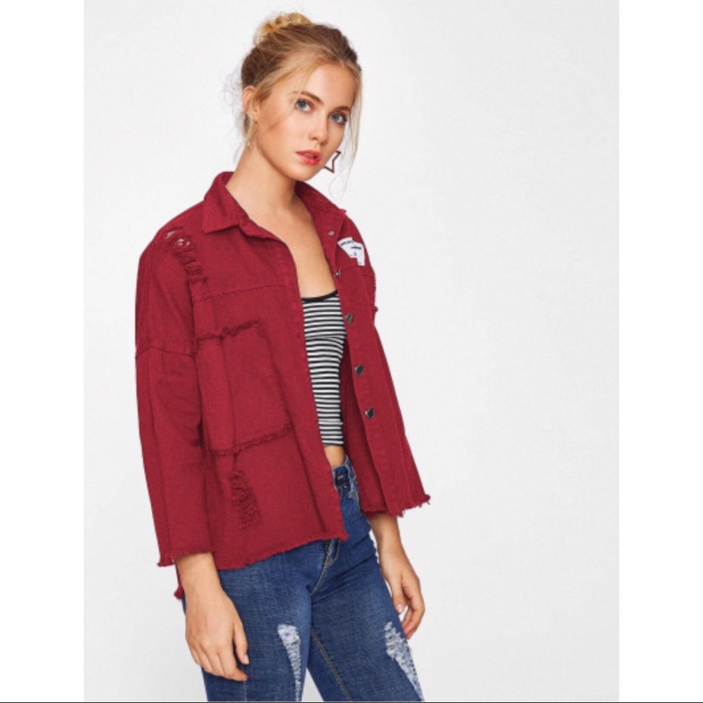 Drop Shoulder Patch Back Distressed Jacket - Picture 4 of 4